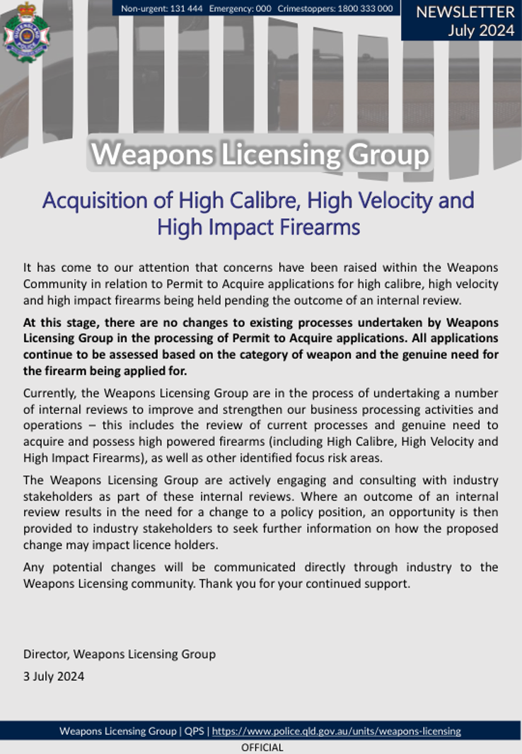 Weapons Licensing Group Policy Update - High Calibre, High Velocity and High Impact Firearms